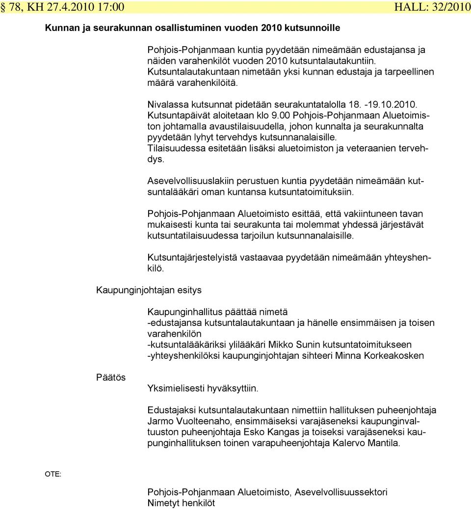 kutsuntalautakuntiin. Kutsuntalautakuntaan nimetään yksi kunnan edustaja ja tarpeellinen määrä varahenkilöitä. Nivalassa kutsunnat pidetään seurakuntatalolla 18. -19.10.2010.