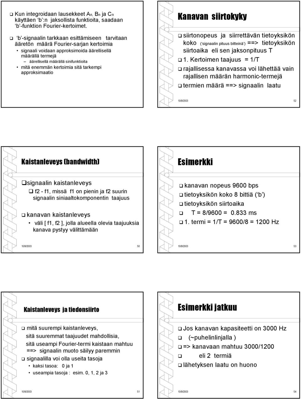 kertoimia sitä tarkempi approksimaatio Kanavan siirtokyky siirtonopeus ja siirrettävän tietoyksikön koko ( signaalin pituus bitteinä ) ==> tietoyksikön siirtoaika eli sen jaksonpituus T 1.