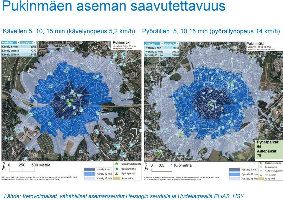 Pukinmäen aseman saavutettavuus Kävellen 5, 10, 15 min