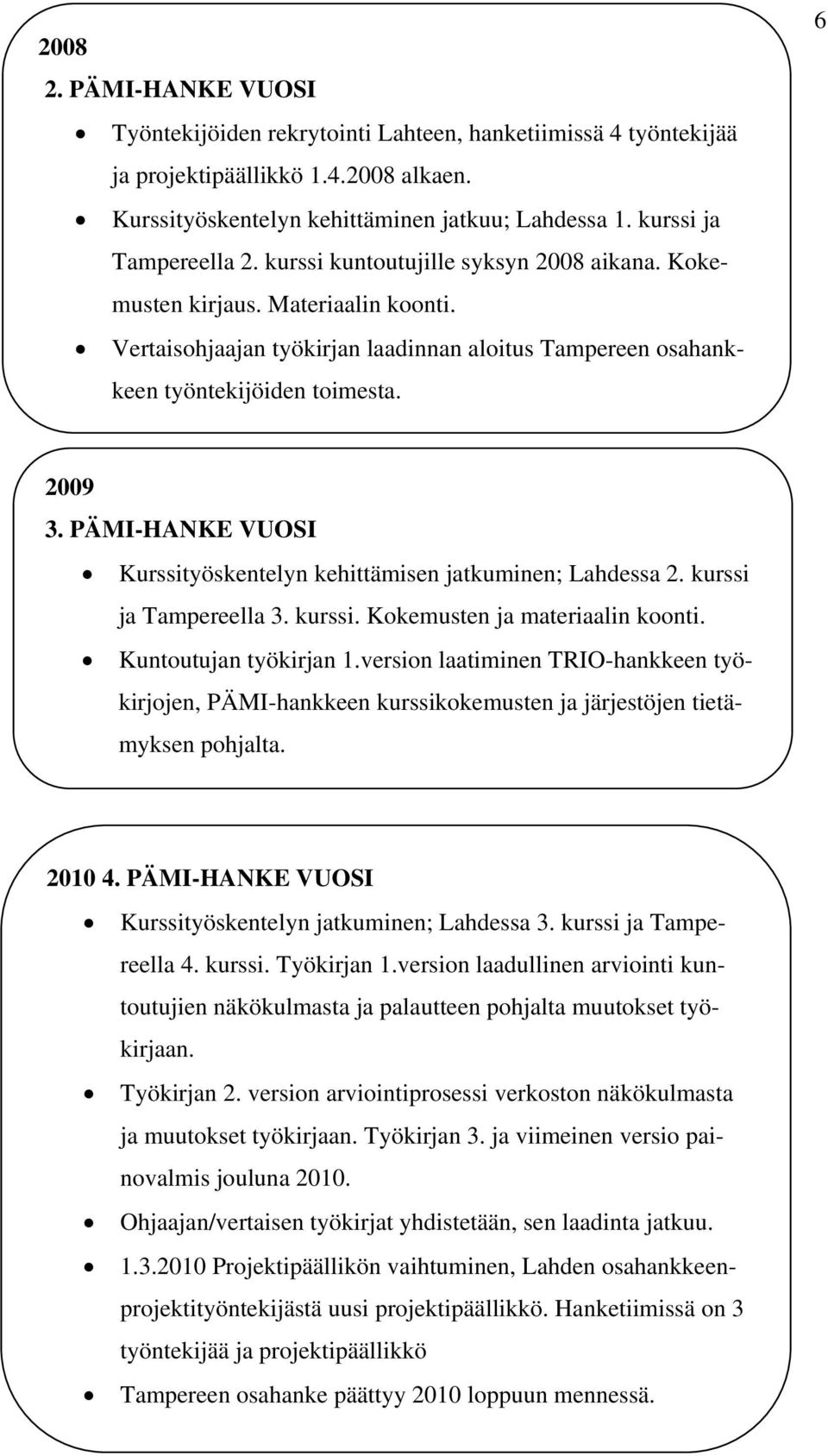 6 2009 3. PÄMI-HANKE VUOSI Kurssityöskentelyn kehittämisen jatkuminen; Lahdessa 2. kurssi ja Tampereella 3. kurssi. Kokemusten ja materiaalin koonti. Kuntoutujan työkirjan 1.