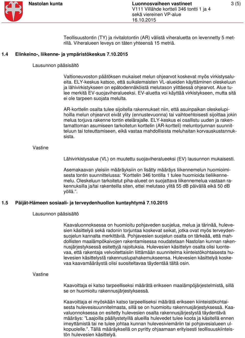 ELY-keskus katsoo, että suikalemaisten VL-alueiden käyttäminen oleskeluun ja lähivirkistykseen on epätodennäköistä melutason ylittäessä ohjearvot. Alue tulee merkitä EV-suojaviheralueeksi.