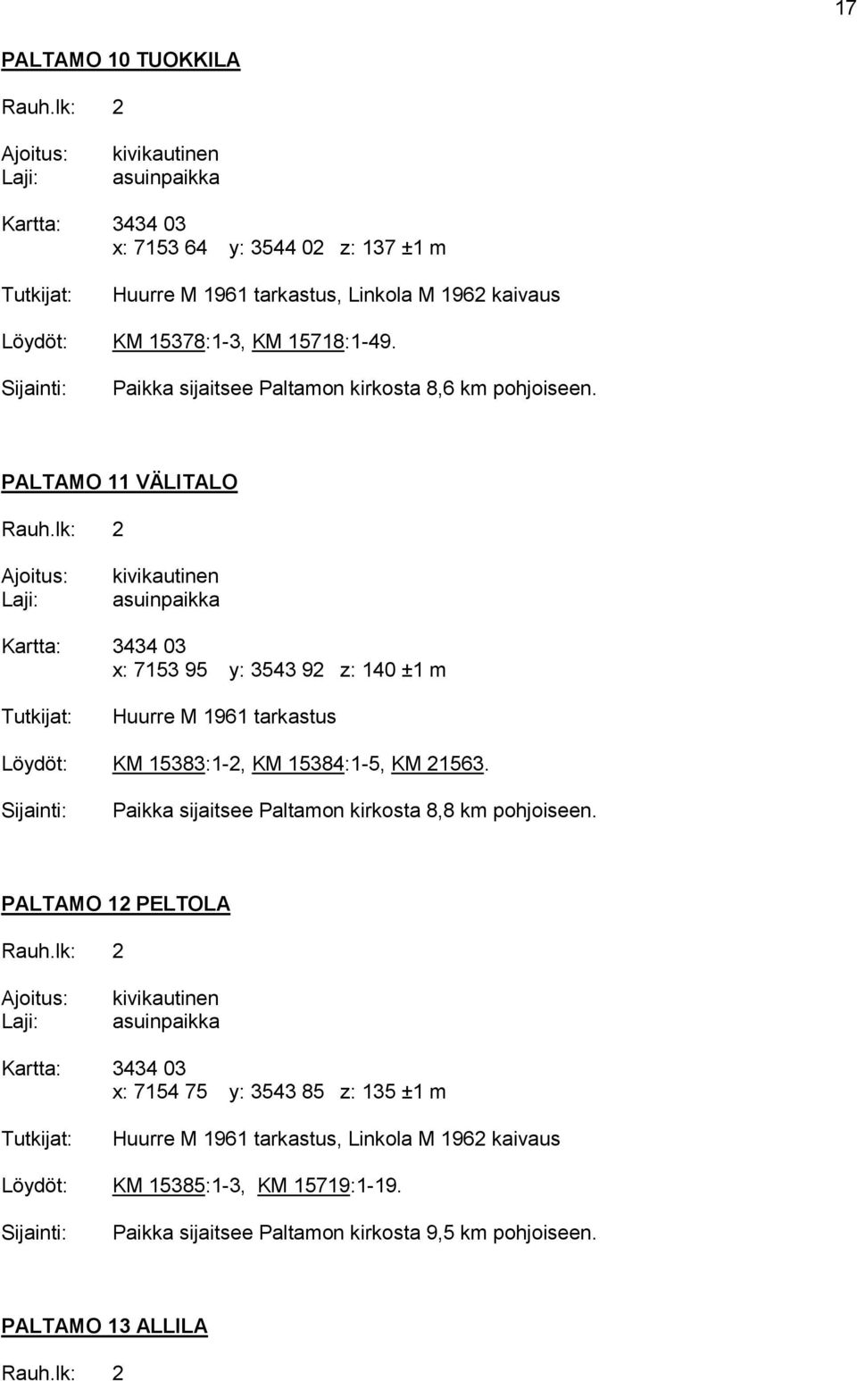 PALTAMO 11 VÄLITALO Kartta: 3434 03 x: 7153 95 y: 3543 92 z: 140 ±1 m Huurre M 1961 tarkastus Löydöt: KM 15383:1-2, KM 15384:1-5, KM 21563.