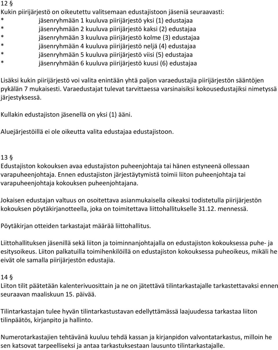 jäsenryhmään 6 kuuluva piirijärjestö kuusi (6) edustajaa Lisäksi kukin piirijärjestö voi valita enintään yhtä paljon varaedustajia piirijärjestön sääntöjen pykälän 7 mukaisesti.