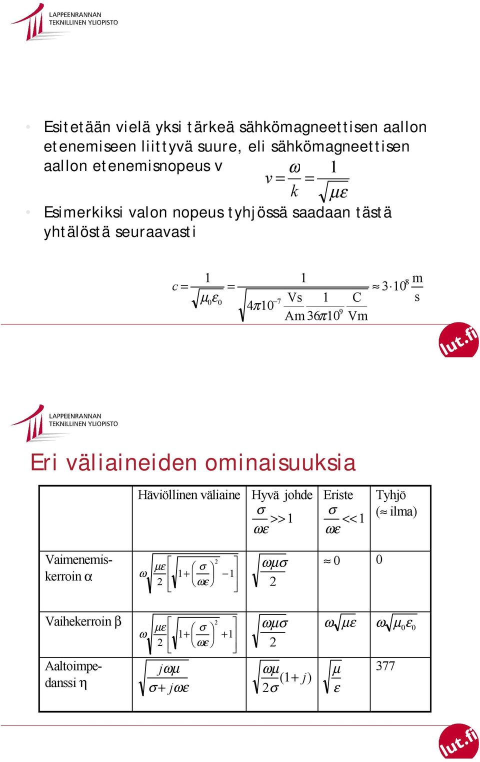 36π 10 Vm m s Eri väliaineiden ominaisuuksia Häviöllinen väliaine Hyvä johde σ ωε >>1 Eriste σ ωε <<1 Tyhjö ( ilma)