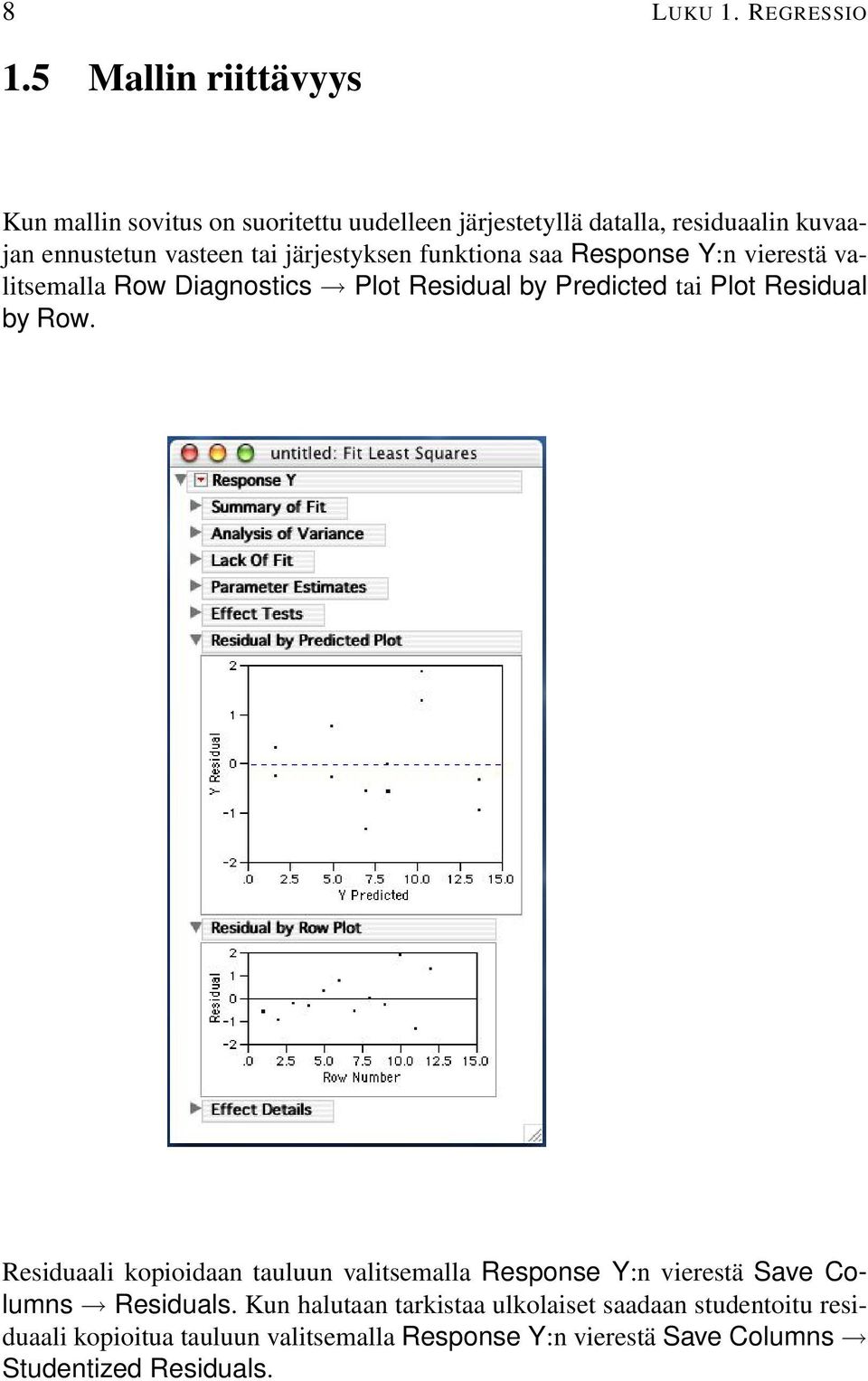 järjestyksen funktiona saa Response Y:n vierestä valitsemalla Row Diagnostics Plot Residual by Predicted tai Plot Residual by Row.