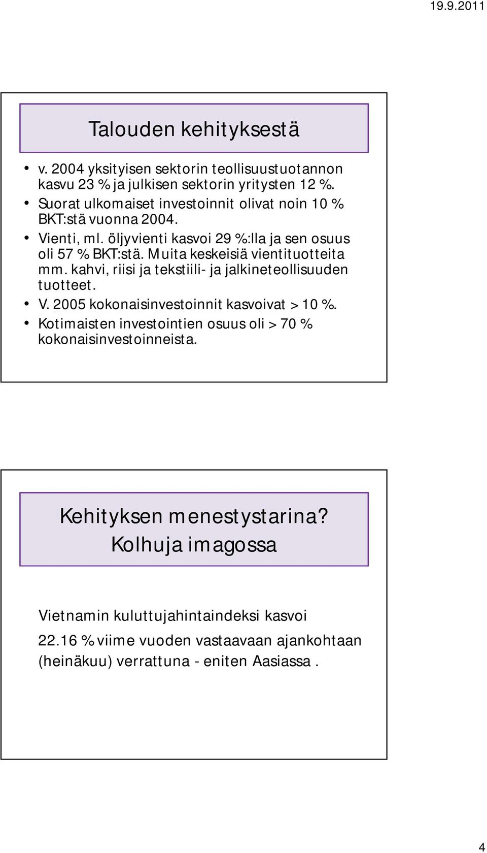 Muita keskeisiä vientituotteita mm. kahvi, riisi ja tekstiili- ja jalkineteollisuuden tuotteet. V. 2005 kokonaisinvestoinnit kasvoivat > 10 %.