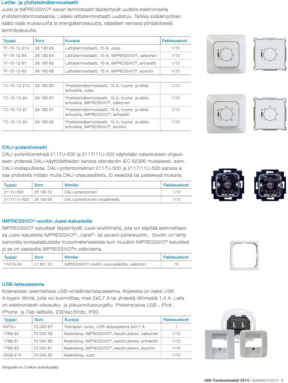 Tyyppi Snro Kuvaus Pakkauskoot TF-15-13-214 26 190 63 Lattiatermostaatti, 15 A, Jussi 1/10 TF-15-13-84 26 190 64 Lattiatermostaatti, 15 A, IMPRESSIVO, valkoinen 1/10 TF-15-13-81 26 190 65