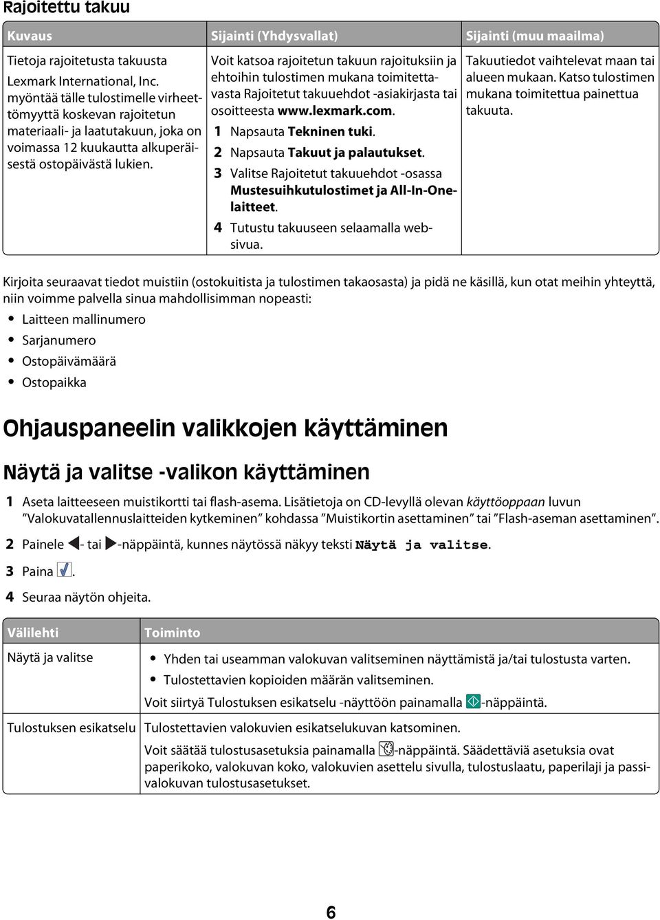 Voit katsoa rajoitetun takuun rajoituksiin ja ehtoihin tulostimen mukana toimitettavasta Rajoitetut takuuehdot -asiakirjasta tai osoitteesta www.lexmark.com. 1 Napsauta Tekninen tuki.