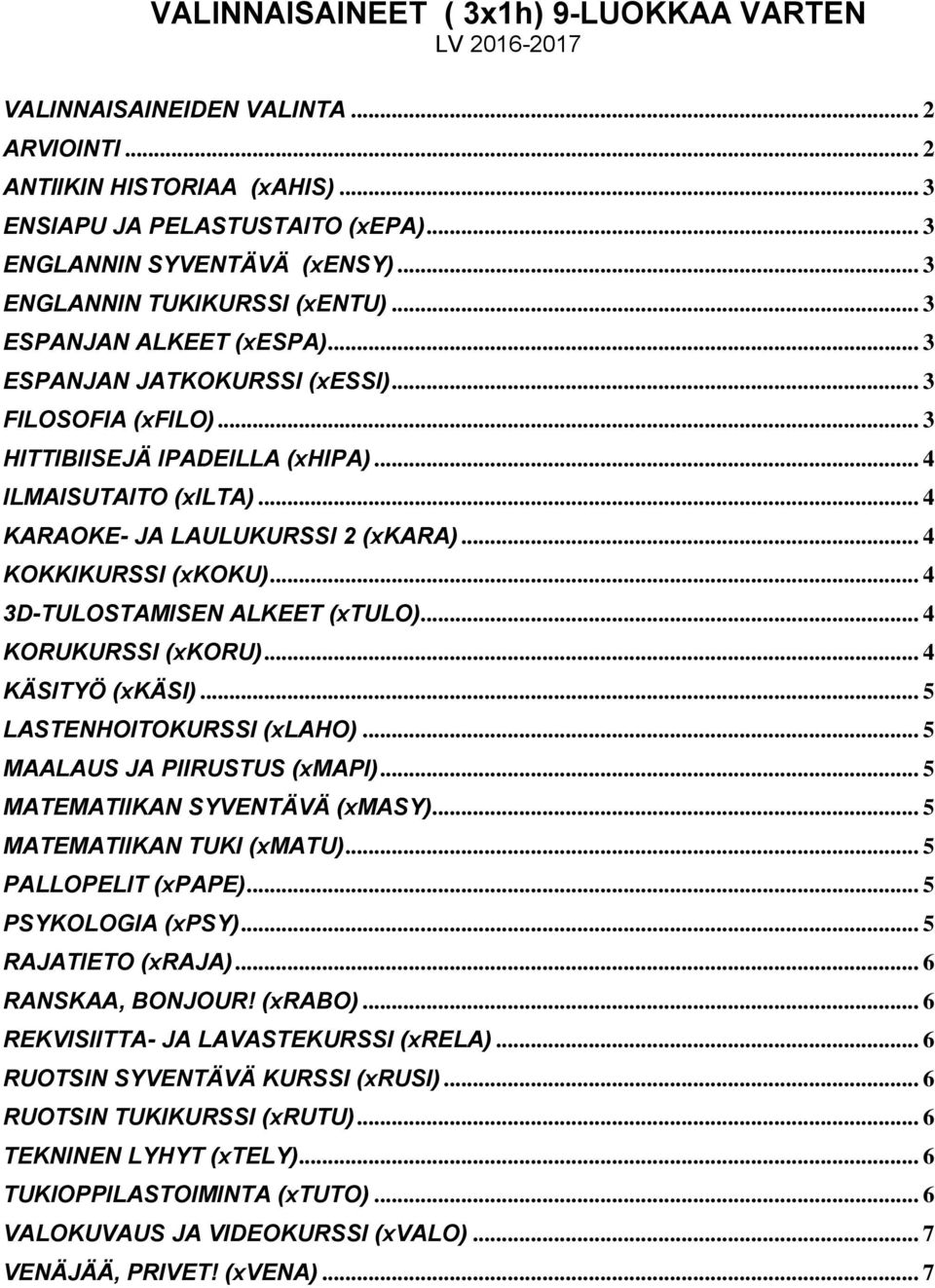 .. 4 KARAOKE- JA LAULUKURSSI 2 (xkara)... 4 KOKKIKURSSI (xkoku)... 4 3D-TULOSTAMISEN ALKEET (xtulo)... 4 KORUKURSSI (xkoru)... 4 KÄSITYÖ (xkäsi)... 5 LASTENHOITOKURSSI (xlaho).