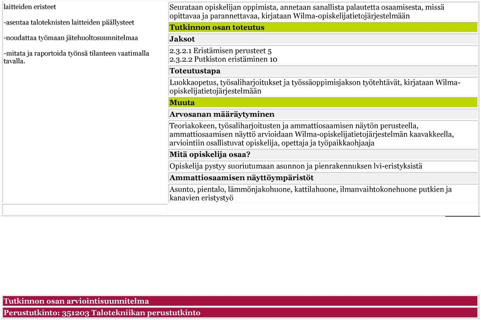 3.2.1 Eristämisen perusteet 5 2.3.2.2 Putkiston eristäminen 10 Luokkaopetus, työsaliharjoitukset ja työssäoppimisjakson työtehtävät, kirjataan Wilmaopiskelijatietojärjestelmään Arvosanan