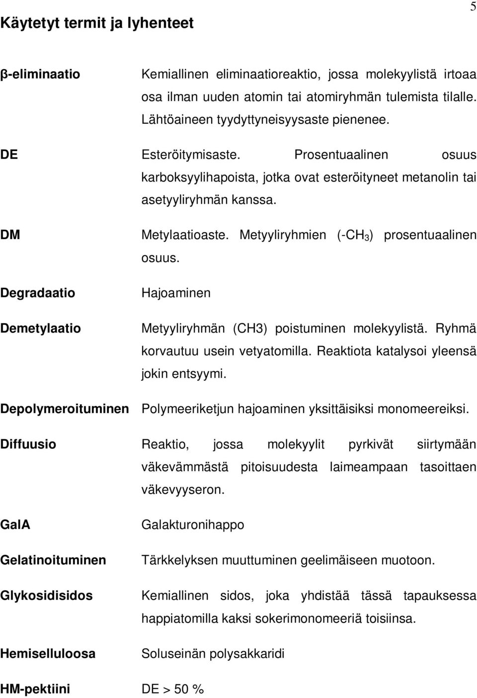 DM Degradaatio Demetylaatio Metylaatioaste. Metyyliryhmien (-CH 3 ) prosentuaalinen osuus. Hajoaminen Metyyliryhmän (CH3) poistuminen molekyylistä. Ryhmä korvautuu usein vetyatomilla.