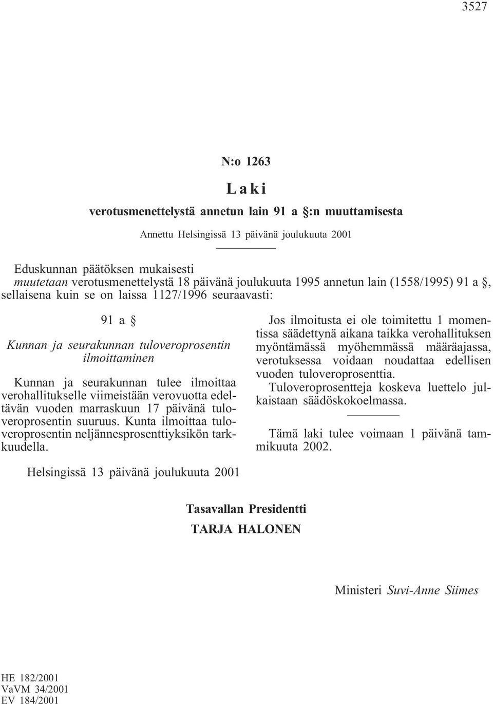 verohallitukselle viimeistään verovuotta edeltävän vuoden marraskuun 17 päivänä tuloveroprosentin suuruus. Kunta ilmoittaa tuloveroprosentin neljännesprosenttiyksikön tarkkuudella.