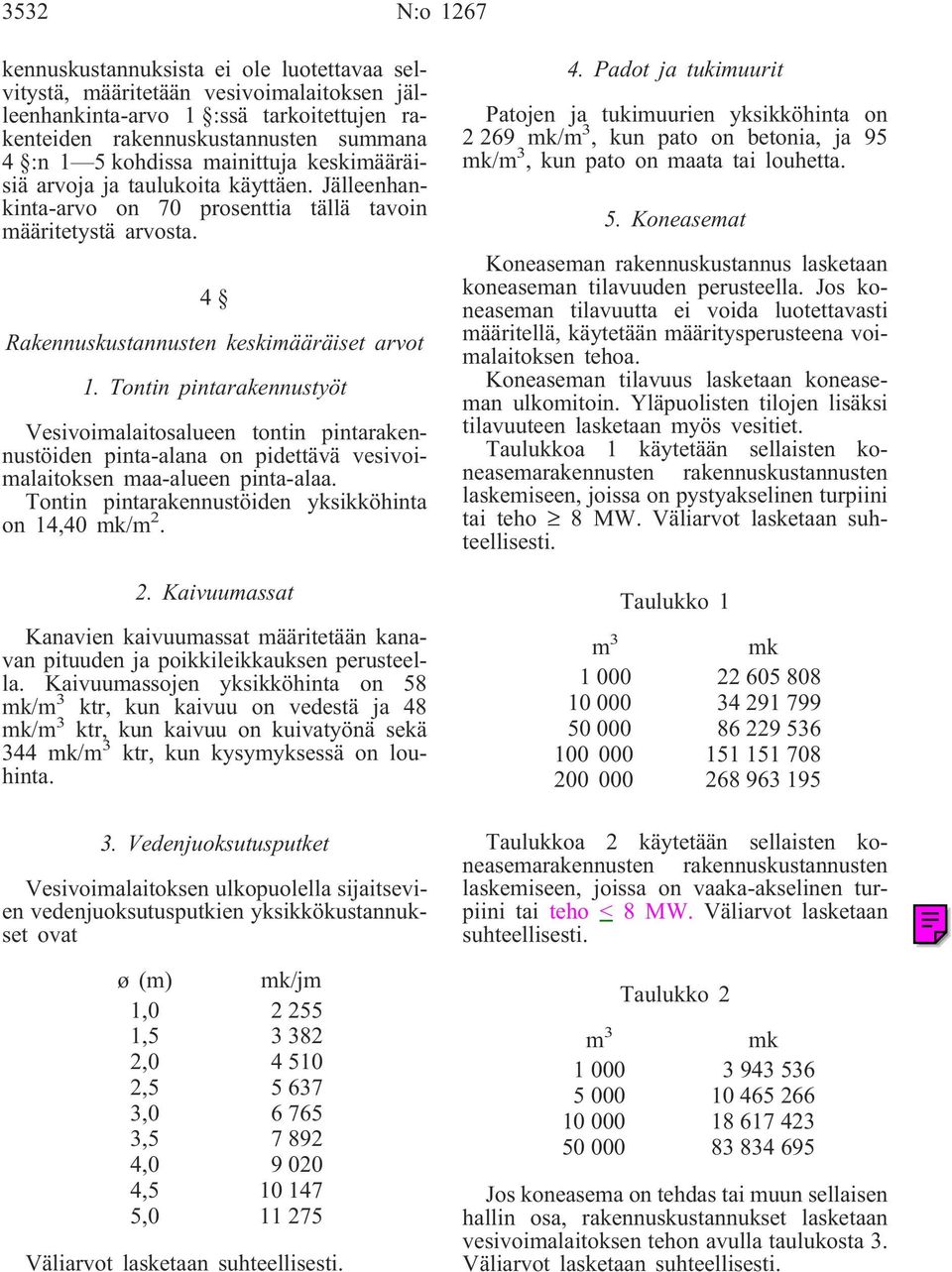 Tontin pintarakennustyöt Vesivoimalaitosalueen tontin pintarakennustöiden pinta-alana on pidettävä vesivoimalaitoksen maa-alueen pinta-alaa. Tontin pintarakennustöiden yksikköhinta on 14,40 mk/m 2.