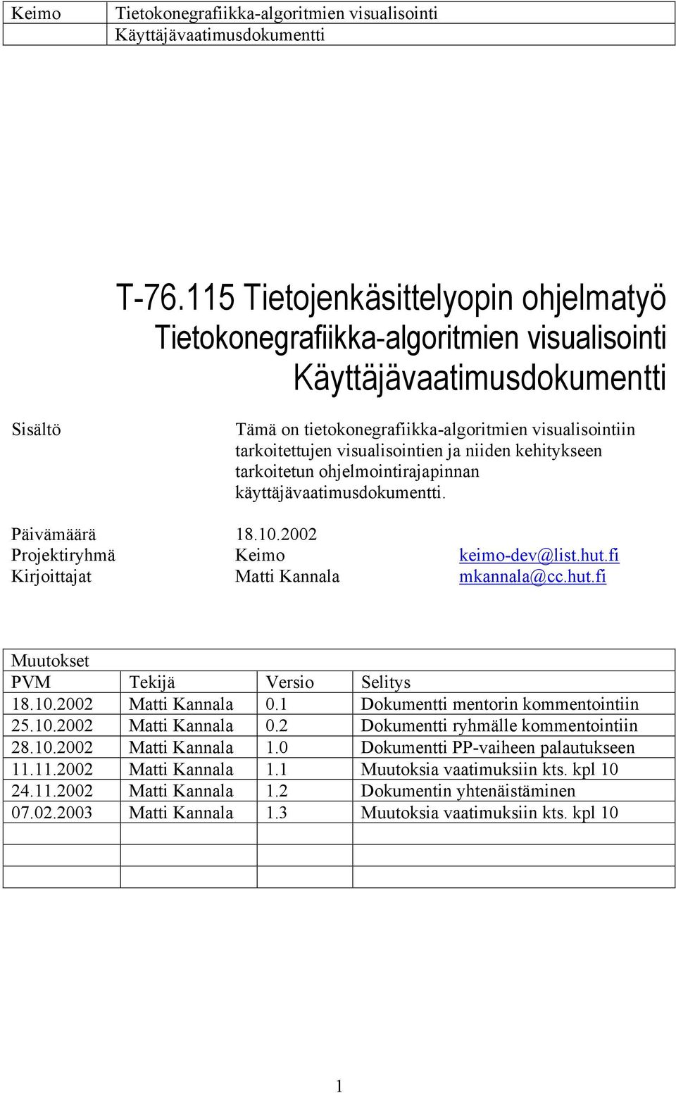 10.2002 Matti Kannala 0.1 Dokumentti mentorin kommentointiin 25.10.2002 Matti Kannala 0.2 Dokumentti ryhmälle kommentointiin 28.10.2002 Matti Kannala 1.
