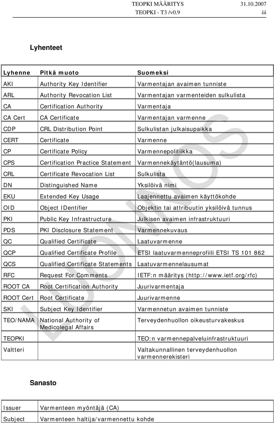 Varmentaja CA Cert CA Certificate Varmentajan varmenne CDP CRL Distribution Point Sulkulistan julkaisupaikka CERT Certificate Varmenne CP Certificate Policy Varmennepolitiikka CPS Certification