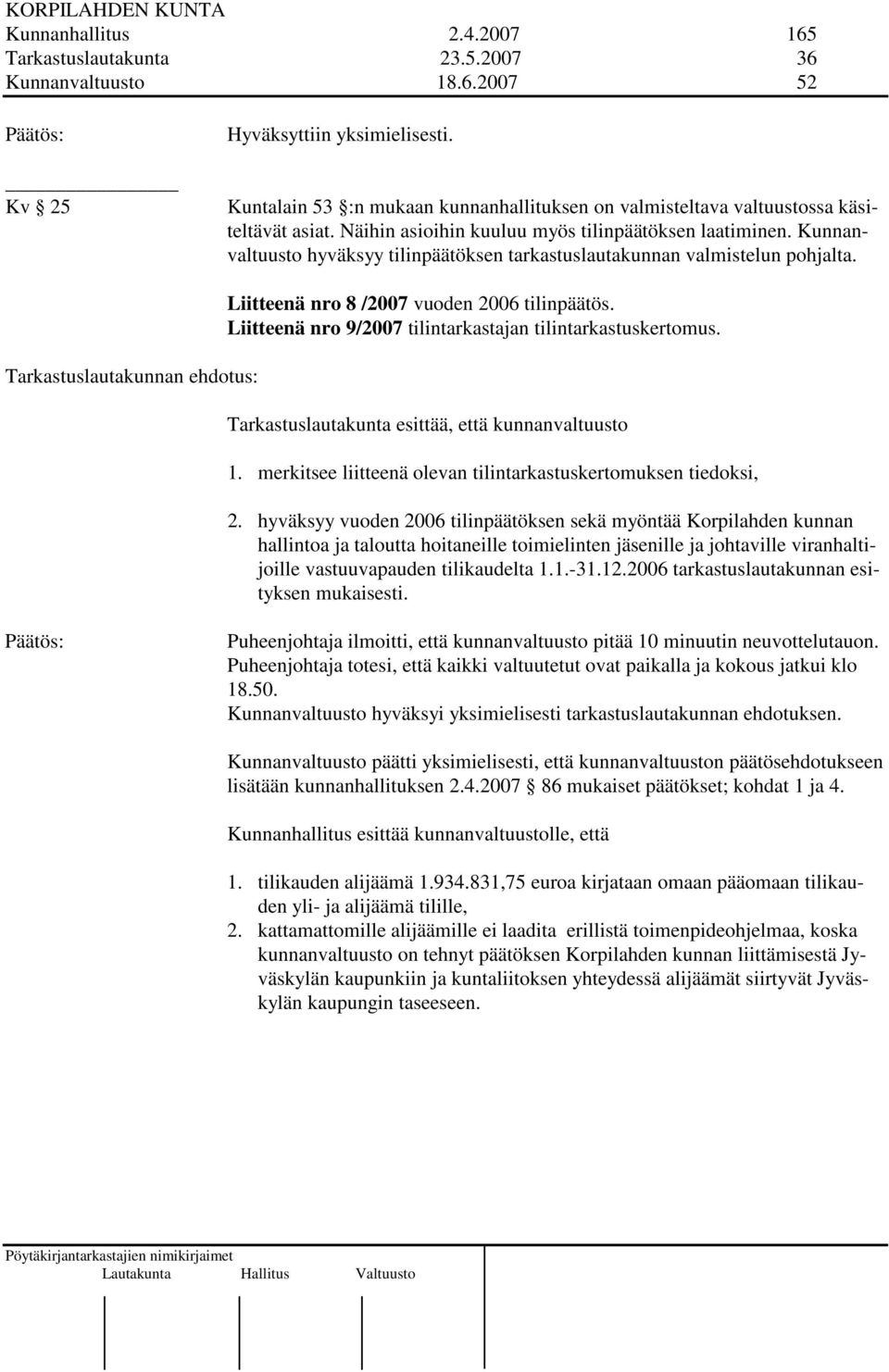 Kunnanvaltuusto hyväksyy tilinpäätöksen tarkastuslautakunnan valmistelun pohjalta. Tarkastuslautakunnan ehdotus: Liitteenä nro 8 /2007 vuoden 2006 tilinpäätös.