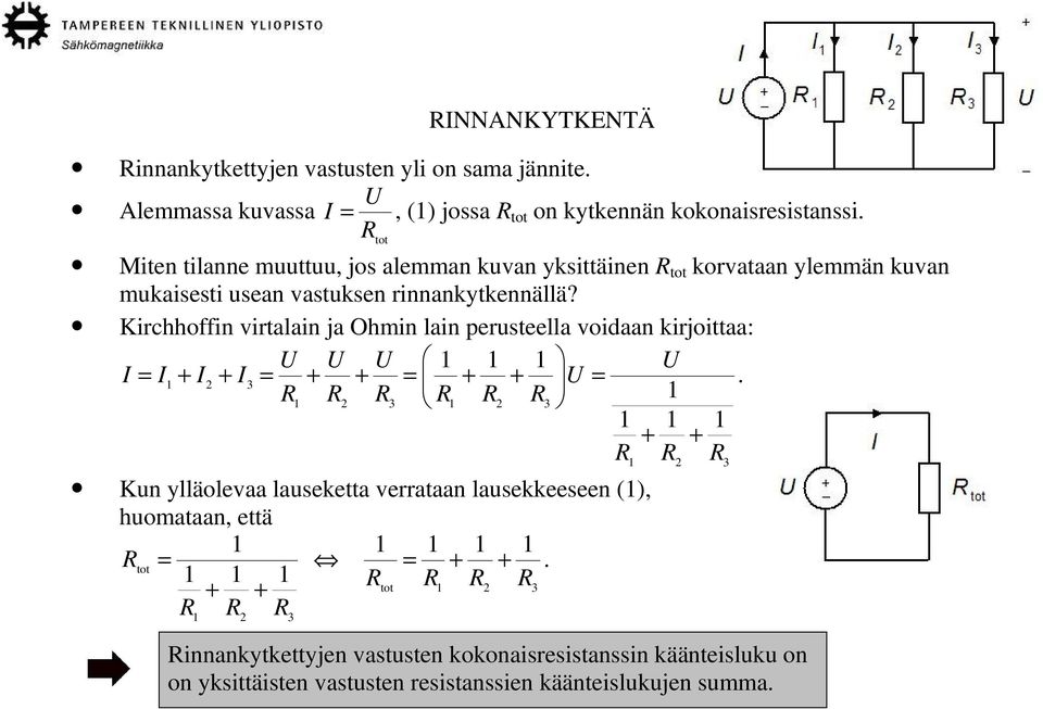 Kirchhoffin virtalain ja Ohmin lain perusteella voidaan kirjoittaa: U U U 1 1 1 U I = I + I + I = + + = U + + =.