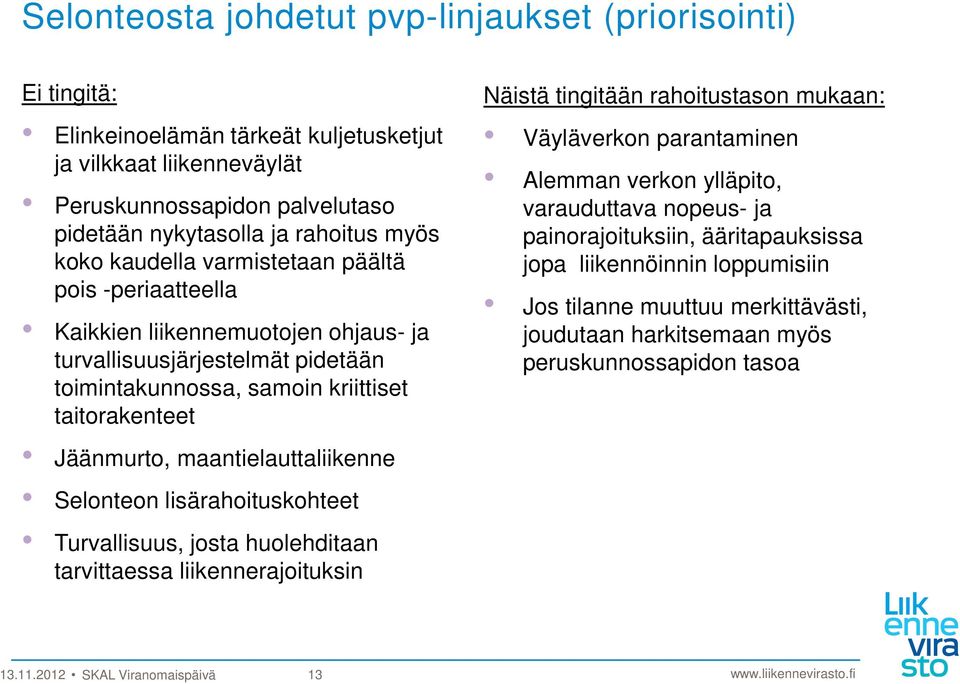 maantielauttaliikenne Selonteon lisärahoituskohteet Turvallisuus, josta huolehditaan tarvittaessa liikennerajoituksin Näistä tingitään rahoitustason mukaan: Väyläverkon parantaminen Alemman verkon