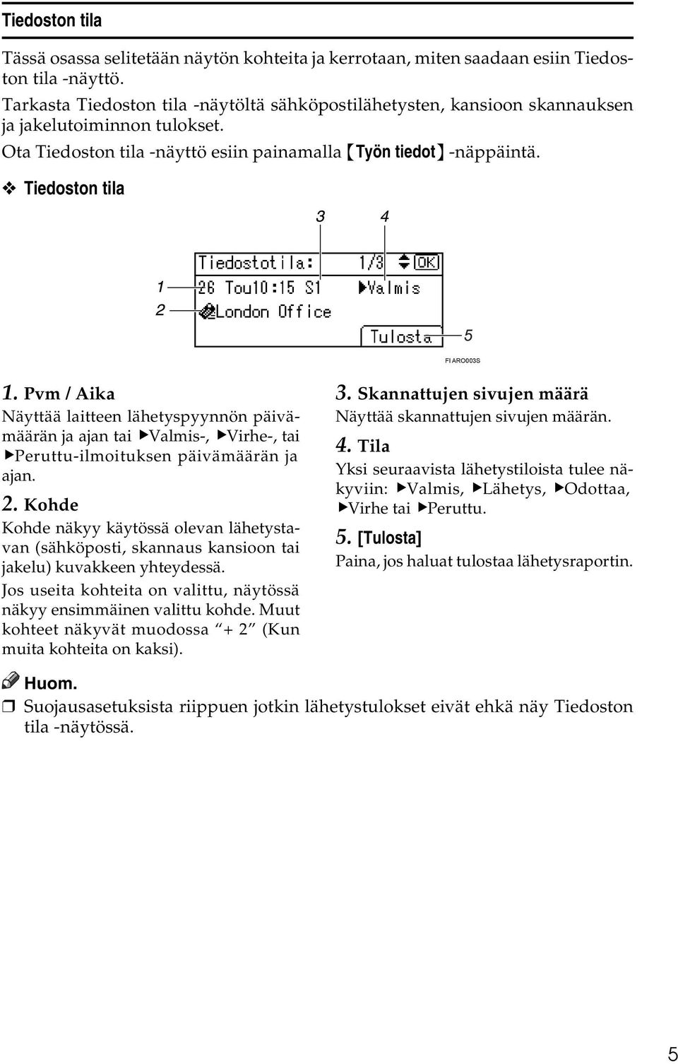 Tiedoston tila FI ARO003S 1. Pvm / Aika Näyttää laitteen lähetyspyynnön päivämäärän ja ajan tai VValmis-, VVirhe-, tai VPeruttu-ilmoituksen päivämäärän ja ajan. 2.