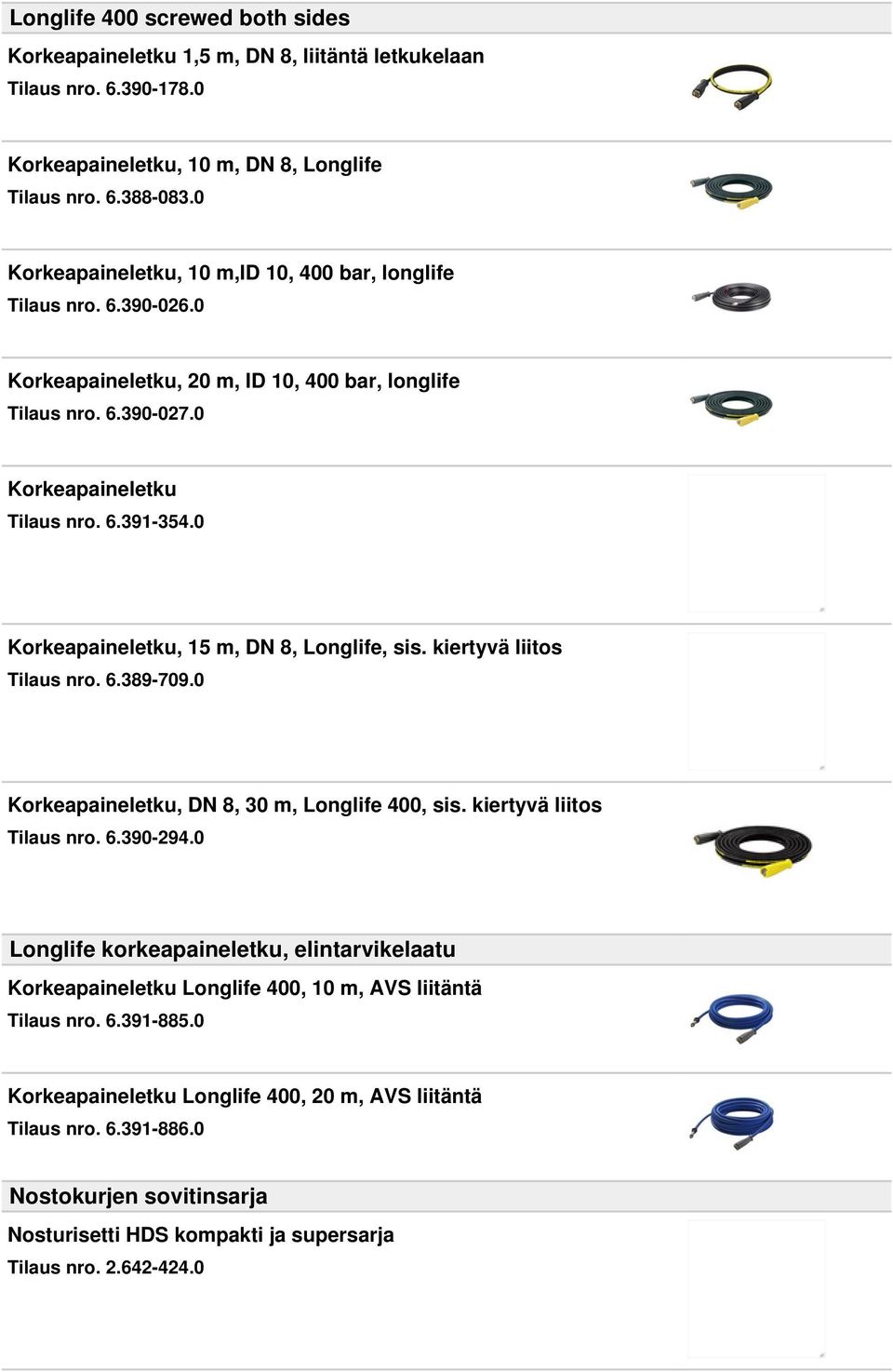 0 Korkeapaineletku, 15 m, DN 8, Longlife, sis. kiertyvä liitos Tilaus nro. 6.389-709.0 Korkeapaineletku, DN 8, 30 m, Longlife 400, sis. kiertyvä liitos Tilaus nro. 6.390-294.