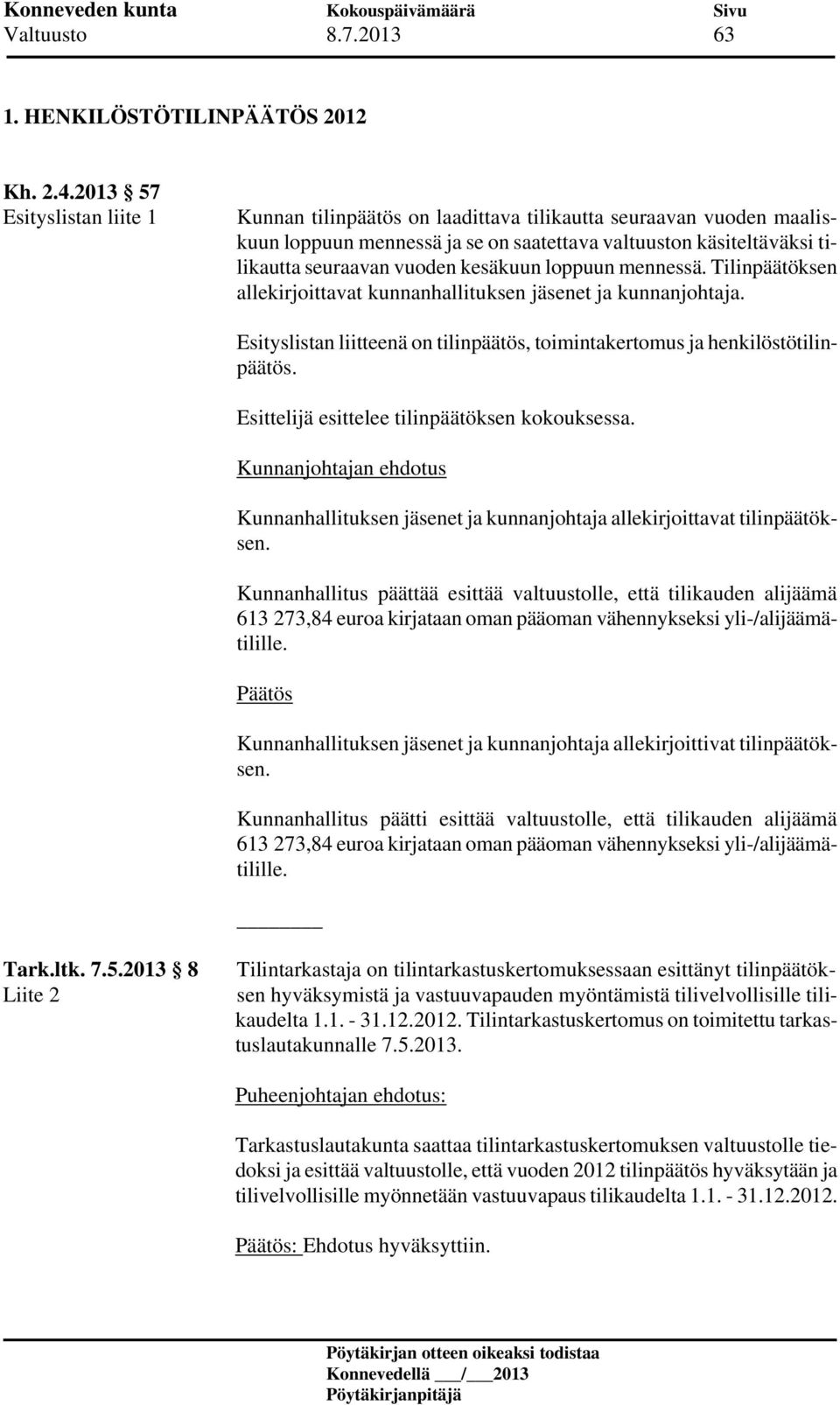 kesäkuun loppuun mennessä. Tilinpäätöksen allekirjoittavat kunnanhallituksen jäsenet ja kunnanjohtaja. Esityslistan liitteenä on tilinpäätös, toimintakertomus ja henkilöstötilinpäätös.