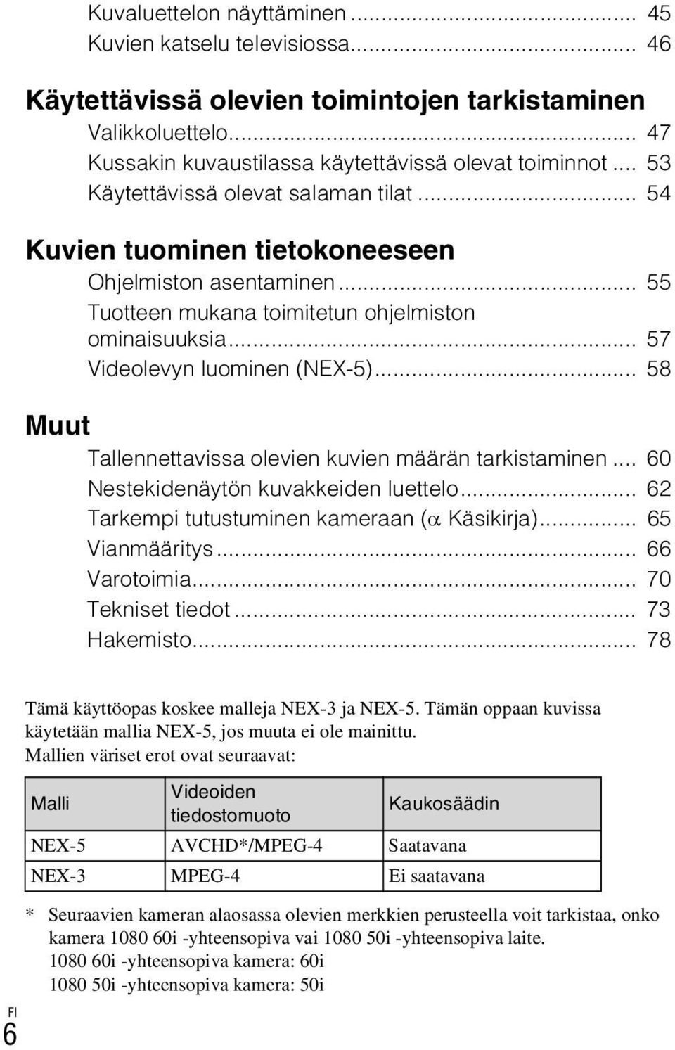 .. 58 Muut Tallennettavissa olevien kuvien määrän tarkistaminen... 60 Nestekidenäytön kuvakkeiden luettelo... 62 Tarkempi tutustuminen kameraan (α Käsikirja)... 65 Vianmääritys... 66 Varotoimia.