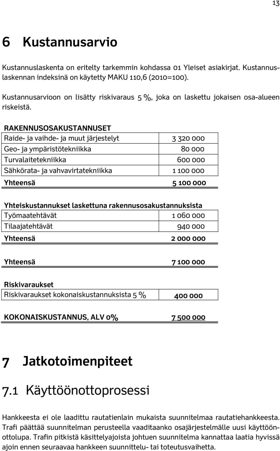 RAKENNUSOSAKUSTANNUSET Raide- ja vaihde- ja muut järjestelyt 3 320 000 Geo- ja ympäristötekniikka 80 000 Turvalaitetekniikka 600 000 Sähkörata- ja vahvavirtatekniikka 1 100 000 Yhteensä 5 100 000