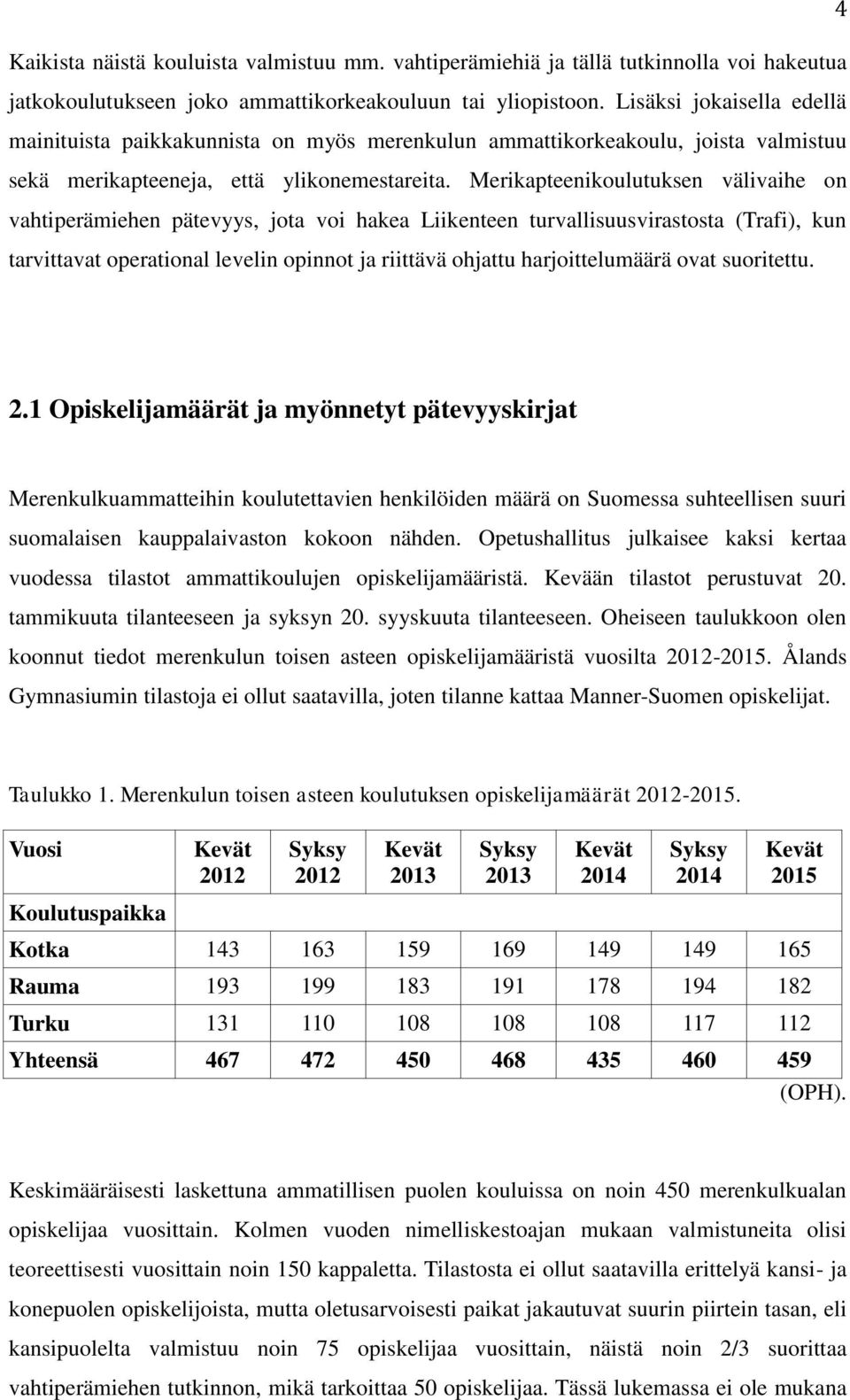 Merikapteenikoulutuksen välivaihe on vahtiperämiehen pätevyys, jota voi hakea Liikenteen turvallisuusvirastosta (Trafi), kun tarvittavat operational levelin opinnot ja riittävä ohjattu