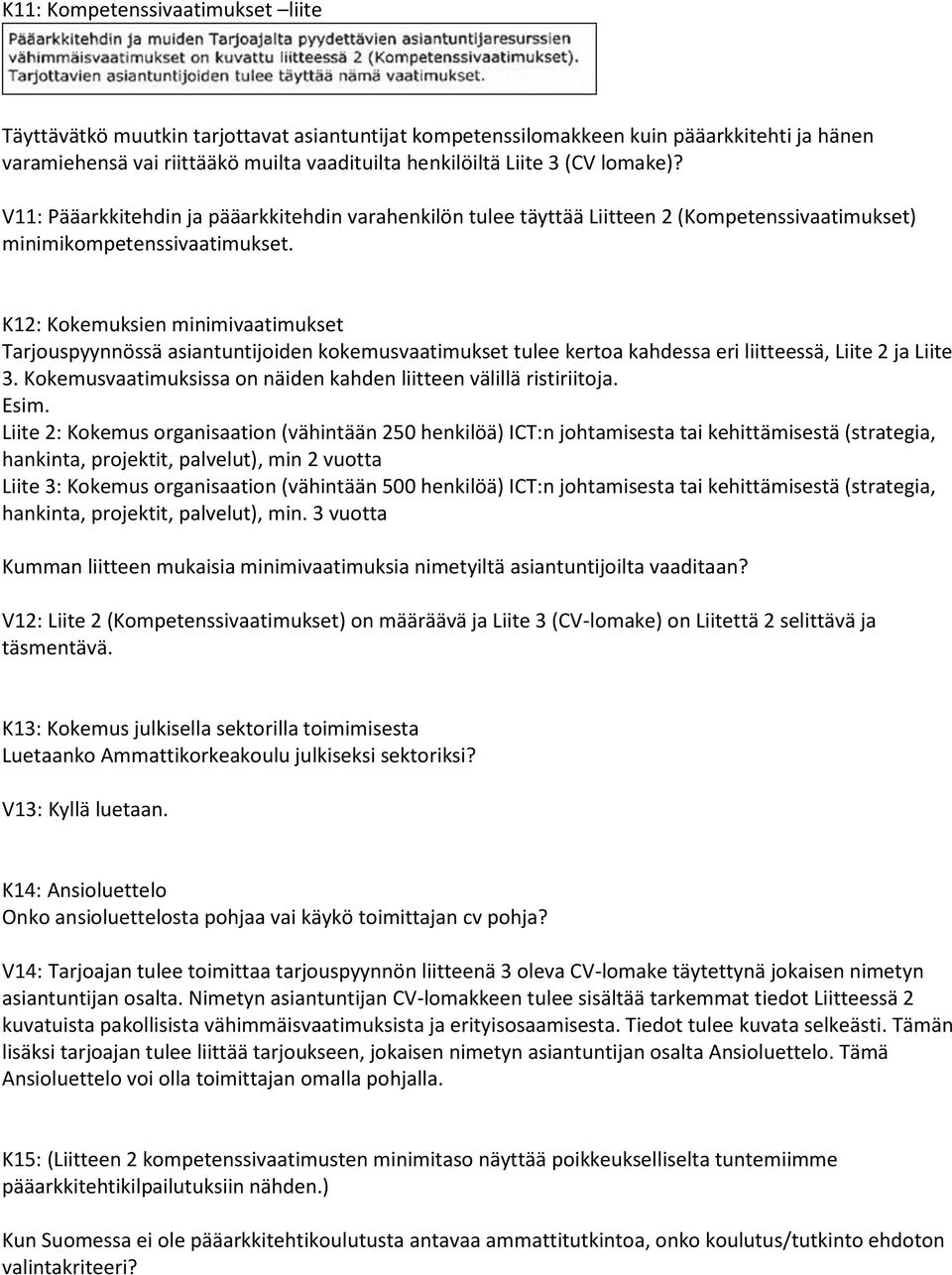 K12: Kokemuksien minimivaatimukset Tarjouspyynnössä asiantuntijoiden kokemusvaatimukset tulee kertoa kahdessa eri liitteessä, Liite 2 ja Liite 3.