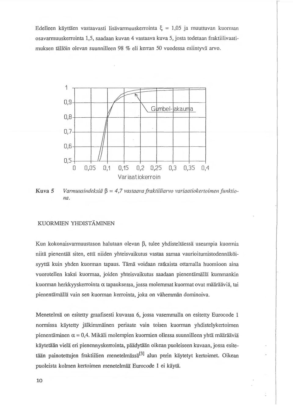 0,7 # v / ~ \ G ~mbel- akaurr a 0,5 /; 0 0,05 0,1 0,15 0, 2 0,25 0,3 0,35 0,4 Variaatiokerroin Kuva 5 Varmuusindeksiii p = 4,7 vastam a fraktiiliarvo variaatiokertoimen funktiona.