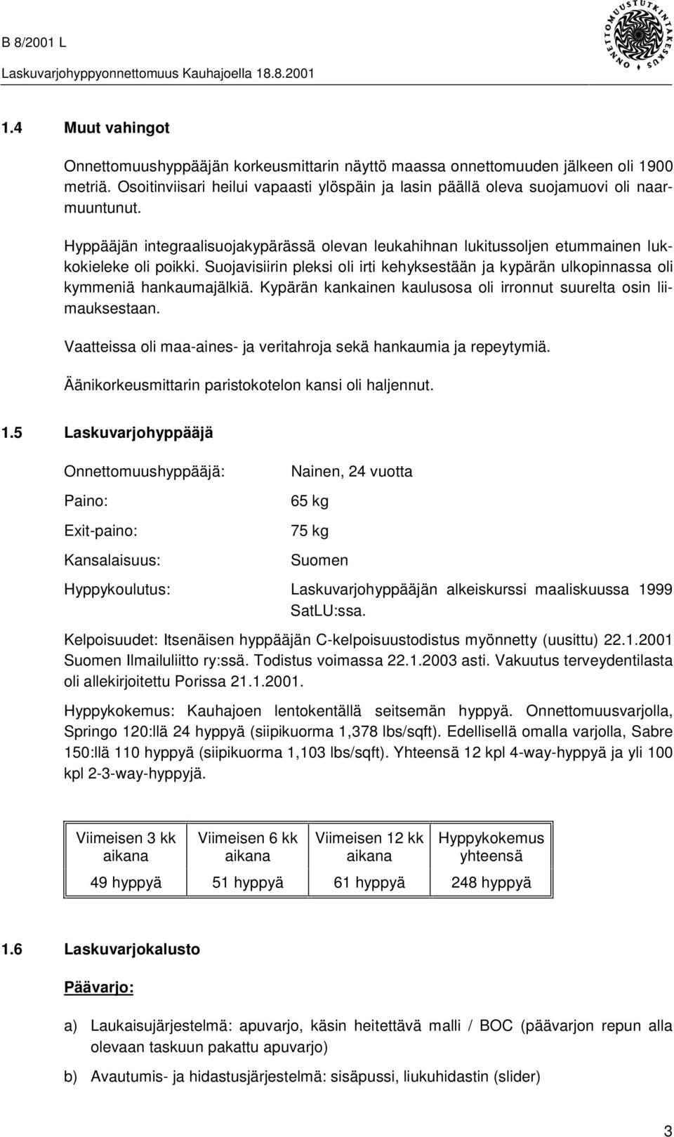 Kypärän kankainen kaulusosa oli irronnut suurelta osin liimauksestaan. Vaatteissa oli maa-aines- ja veritahroja sekä hankaumia ja repeytymiä. Äänikorkeusmittarin paristokotelon kansi oli haljennut. 1.