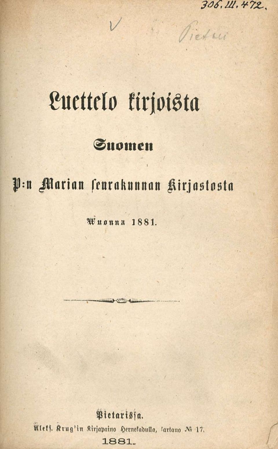 seurakunnan Kirjastosta Wuonnn 1881.