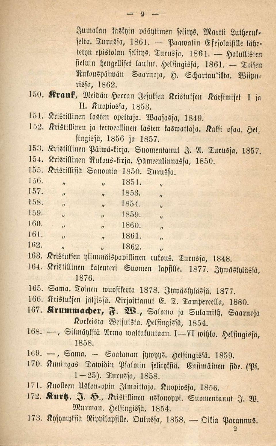 Vaasassa, 1849. >52. Kristillinen ja terwecllinen laslen taswattaja. Kalsi osaa. s>el. singisft, 1856 ja 1857. 153. Kristillinen Päiwätirja. Suomentanut I. Ä. Turussa. 1857. 154.