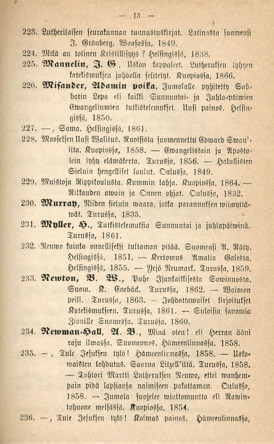 Misander, Adamin poika, Jumalalle pyhitetty Snbuatin Lepo eli tailli Tunnuntai' ja luhlapäiwicn liwaugcliumien tullistclemuksct. Uusi painos. gissä, 1850. Hclsiu 227., Sama. Helsingissä, 1861.