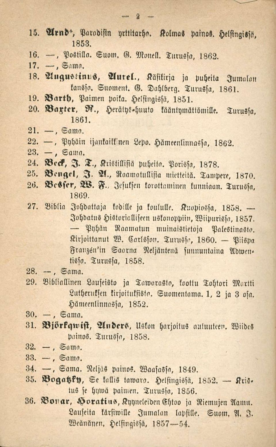 , Sama. 24. Beck, I. T., Kristillisiä puheita. Porissa. 1878. 25. Bcngrl, I. A., Raamatullisia mietteitä. Tampere. 1870. 26. Bcsscr, W. F., lesulsen töröttäminen kunniaan. Turussa. 1869. 27.