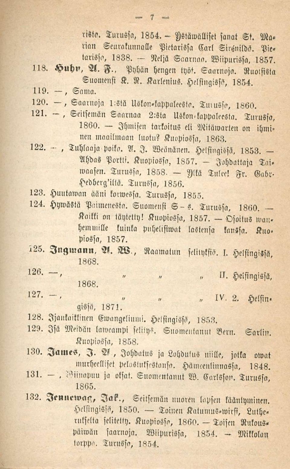 Ihmisen tarkoitus eli Mitäwarten on ihminen maailmaan luot»? Kuopiossa. 1863. 122., Tuhlaajapoika. A. I. Weänänen. Helsingissä. 1853. Ahdas Portli. Kuopiossa, 1857. Toi. waasen. Turussa. 1858, Tulee!