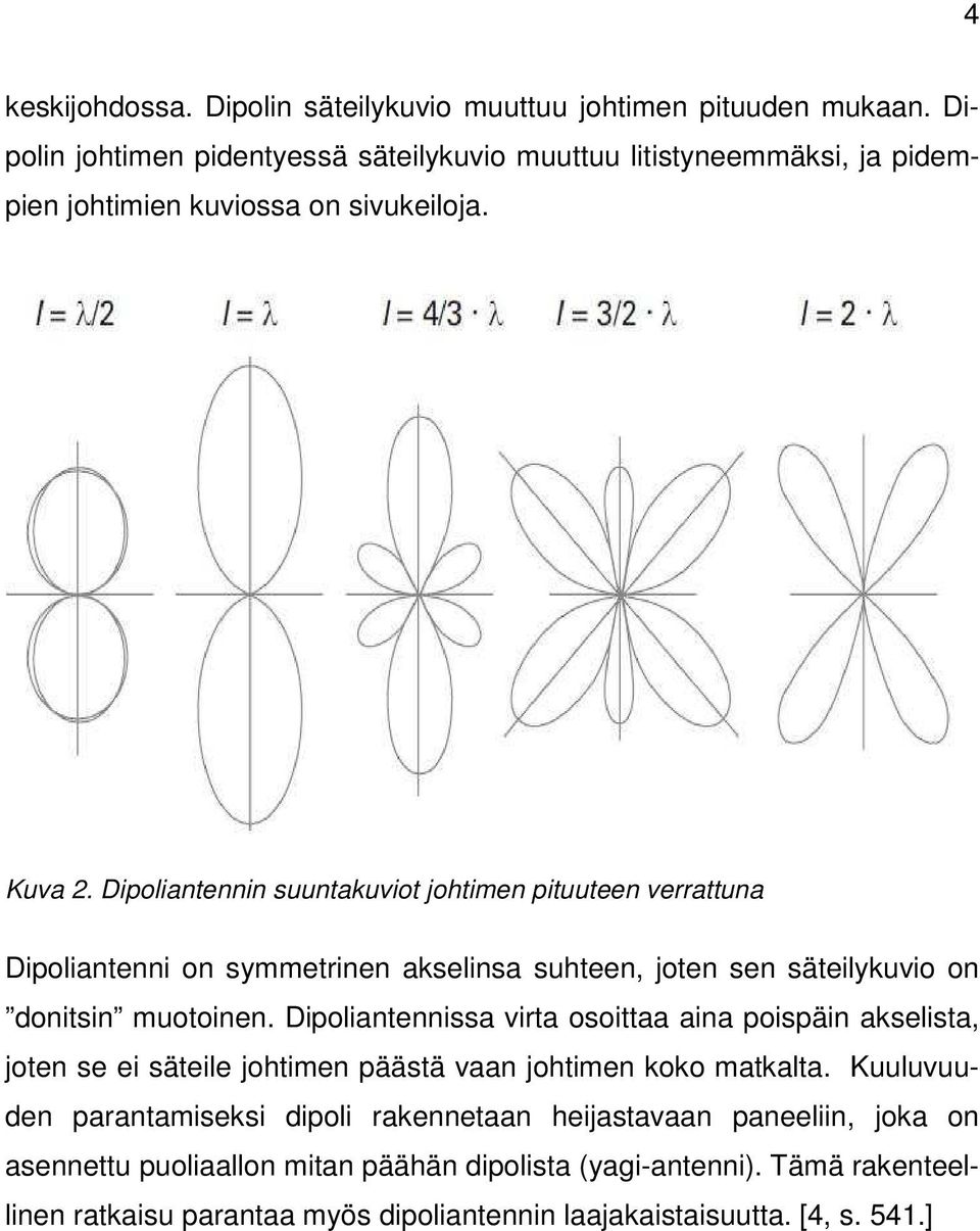 Dipoliantennin suuntakuviot johtimen pituuteen verrattuna Dipoliantenni on symmetrinen akselinsa suhteen, joten sen säteilykuvio on donitsin muotoinen.