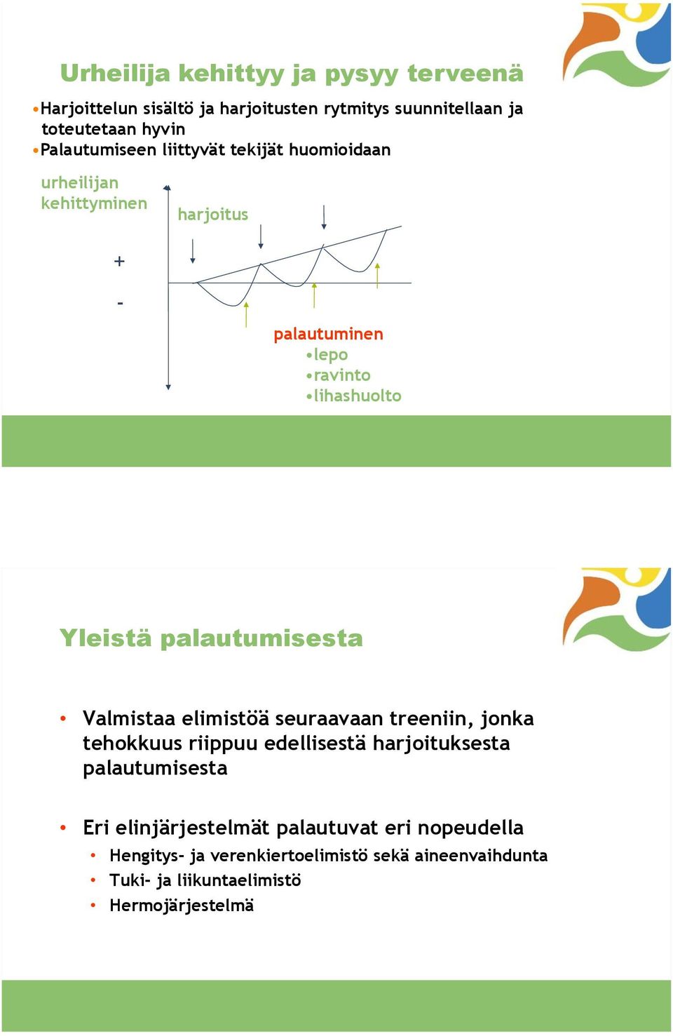 palautumisesta Valmistaa elimistöä seuraavaan treeniin, jonka tehokkuus riippuu edellisestä harjoituksesta palautumisesta Eri