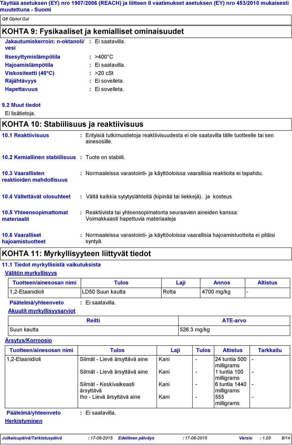 1 Reaktiivisuus Erityisiä tutkimustietoja reaktiivisuudesta ei ole saatavilla tälle tuotteelle tai sen ainesosille. 10.