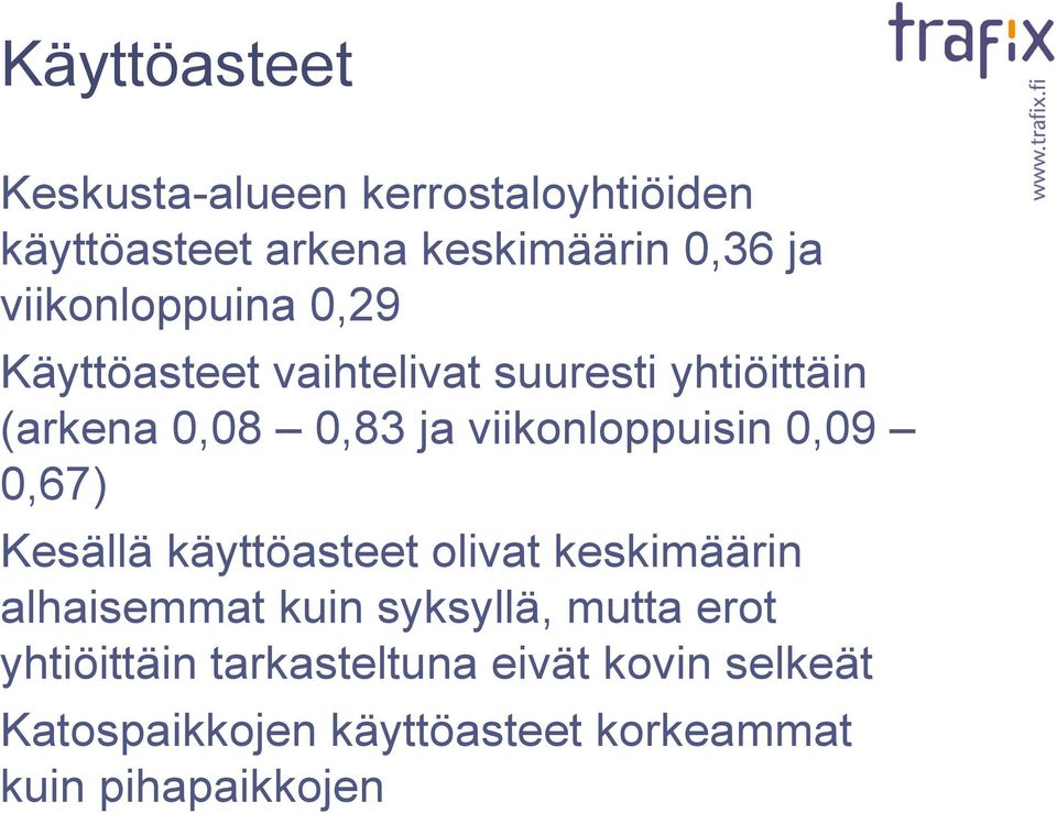 viikonloppuisin 0,09 0,67) Kesällä käyttöasteet olivat keskimäärin alhaisemmat kuin syksyllä,