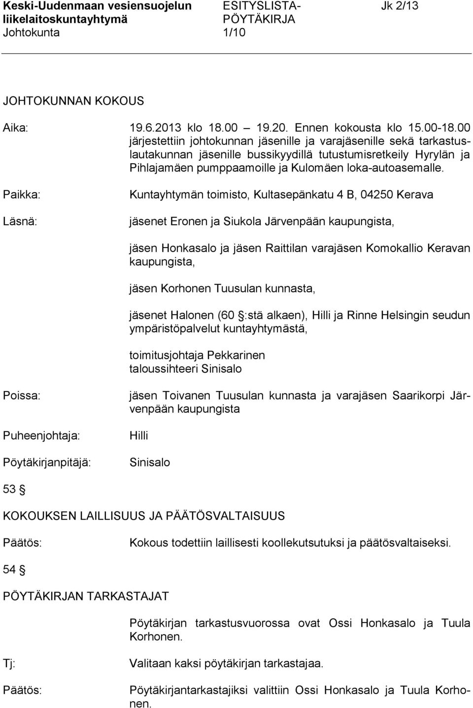 Paikka: Läsnä: Kuntayhtymän toimisto, Kultasepänkatu 4 B, 04250 Kerava jäsenet Eronen ja Siukola Järvenpään kaupungista, jäsen Honkasalo ja jäsen Raittilan varajäsen Komokallio Keravan kaupungista,