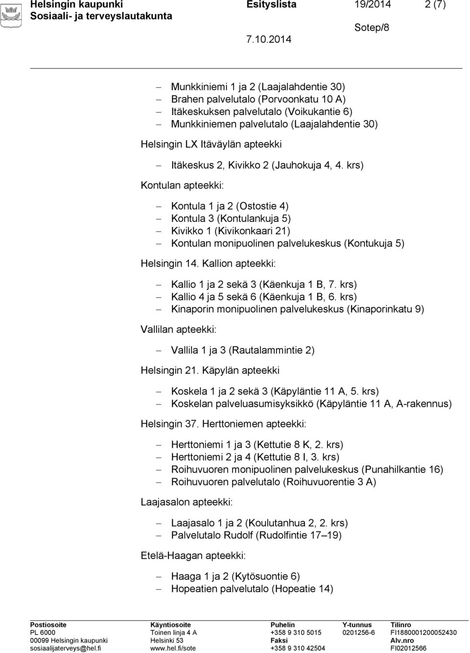 krs) Kontulan apteekki: Kontula 1 ja 2 (Ostostie 4) Kontula 3 (Kontulankuja 5) Kivikko 1 (Kivikonkaari 21) Kontulan monipuolinen palvelukeskus (Kontukuja 5) Helsingin 14.