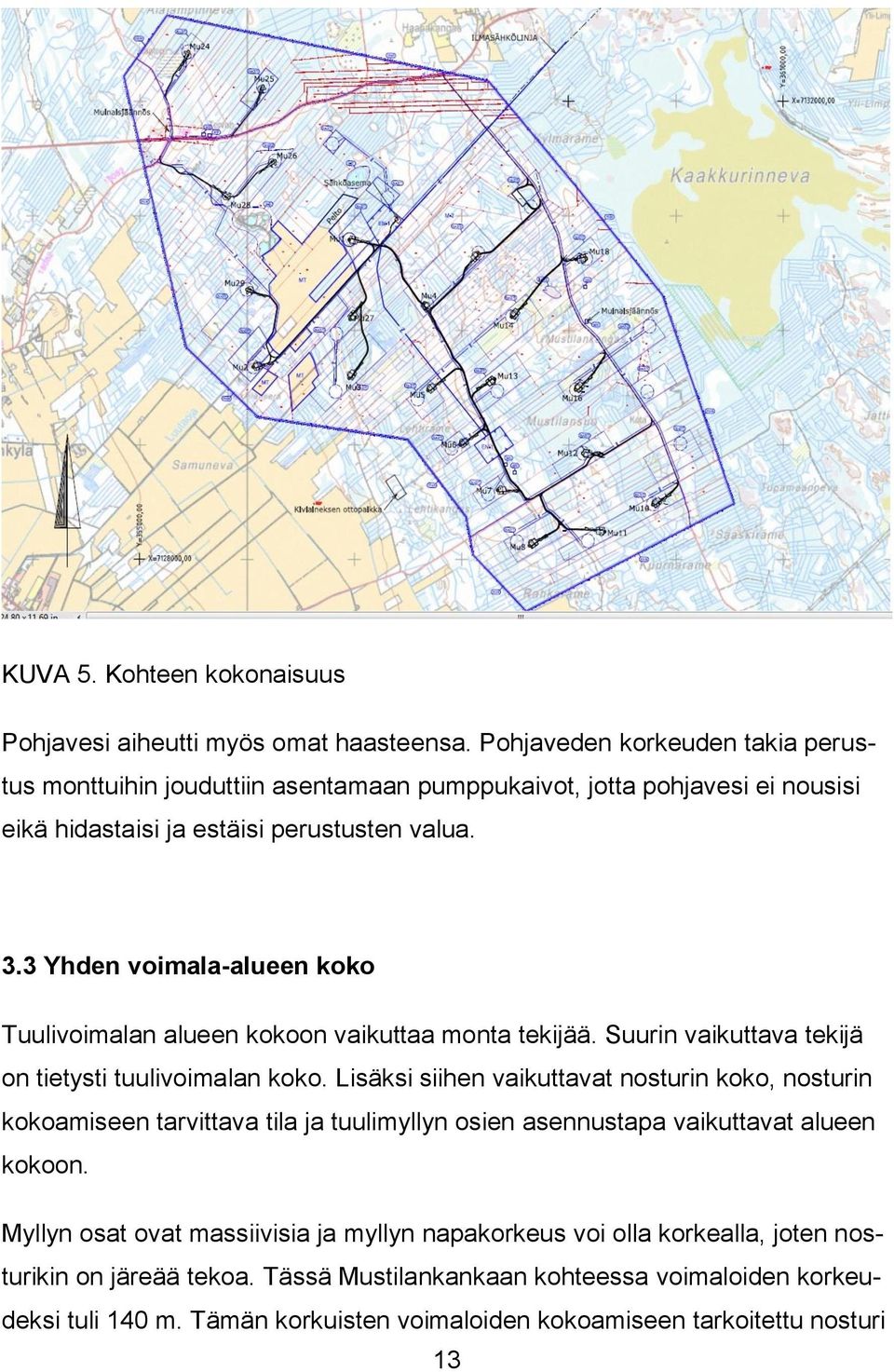 3 Yhden voimala-alueen koko Tuulivoimalan alueen kokoon vaikuttaa monta tekijää. Suurin vaikuttava tekijä on tietysti tuulivoimalan koko.