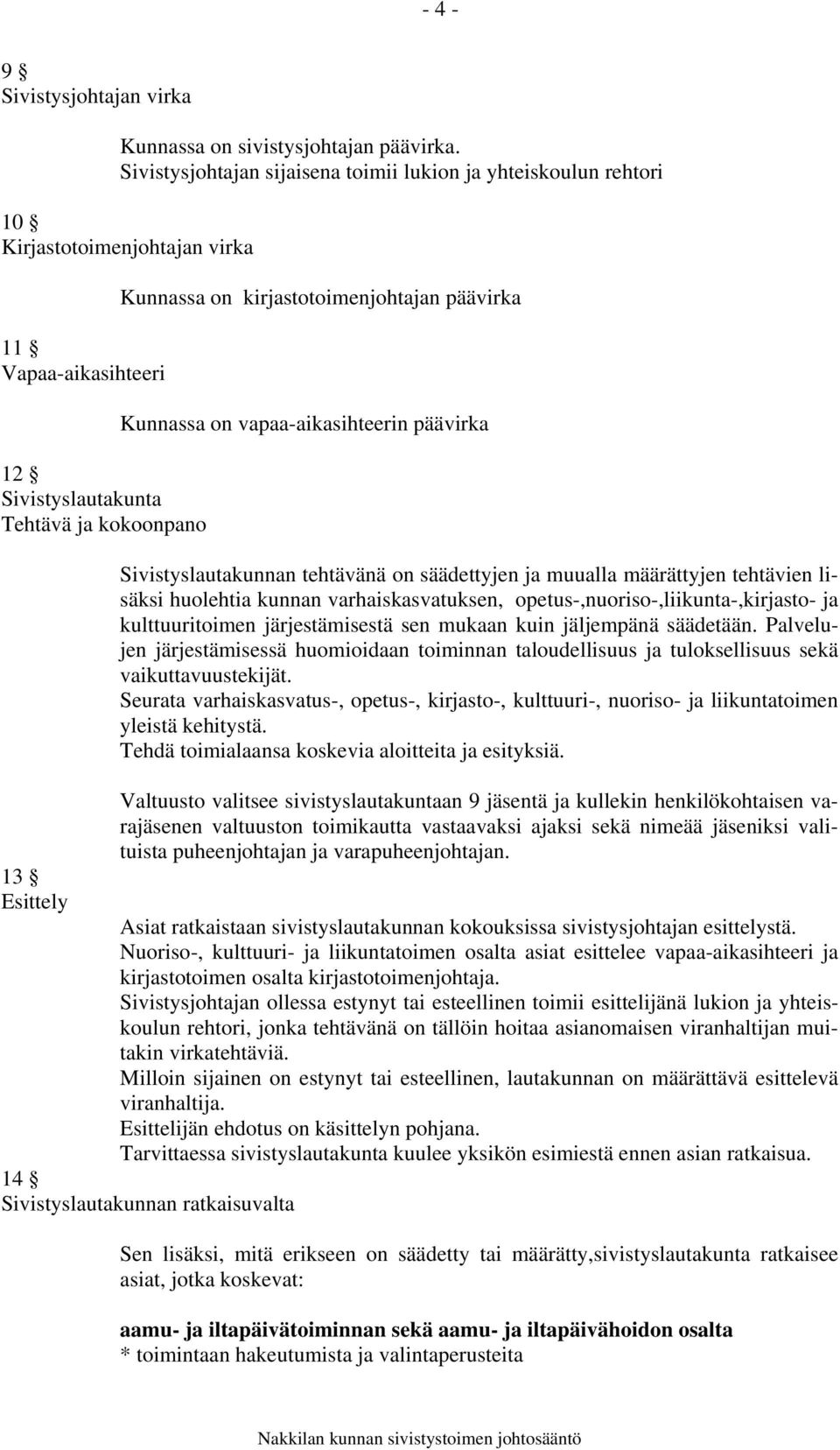 kirjastotoimenjohtajan päävirka Kunnassa on vapaa-aikasihteerin päävirka Sivistyslautakunnan tehtävänä on säädettyjen ja muualla määrättyjen tehtävien lisäksi huolehtia kunnan varhaiskasvatuksen,