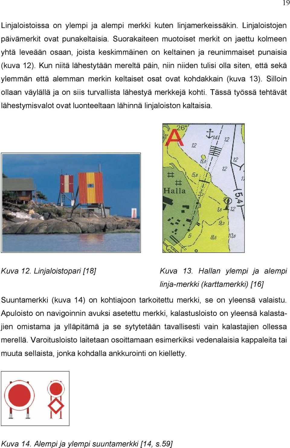 Kun niitä lähestytään mereltä päin, niin niiden tulisi olla siten, että sekä ylemmän että alemman merkin keltaiset osat ovat kohdakkain (kuva 13).