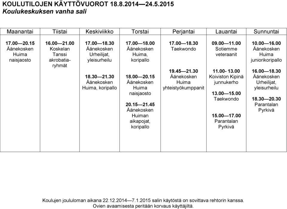 15 21.45 n aikapojat, koripallo Taekwondo 19.45 21.30 yhteistyökumppanit 09.00 11.00 Sotiemme veteraanit 11.00-13.