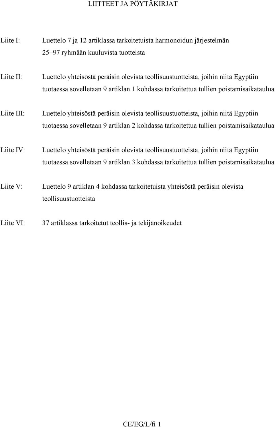 joihin niitä Egyptiin tuotaessa sovelletaan 9 artiklan 2 kohdassa tarkoitettua tullien poistamisaikataulua Liite IV: Luettelo yhteisöstä peräisin olevista teollisuustuotteista, joihin niitä Egyptiin