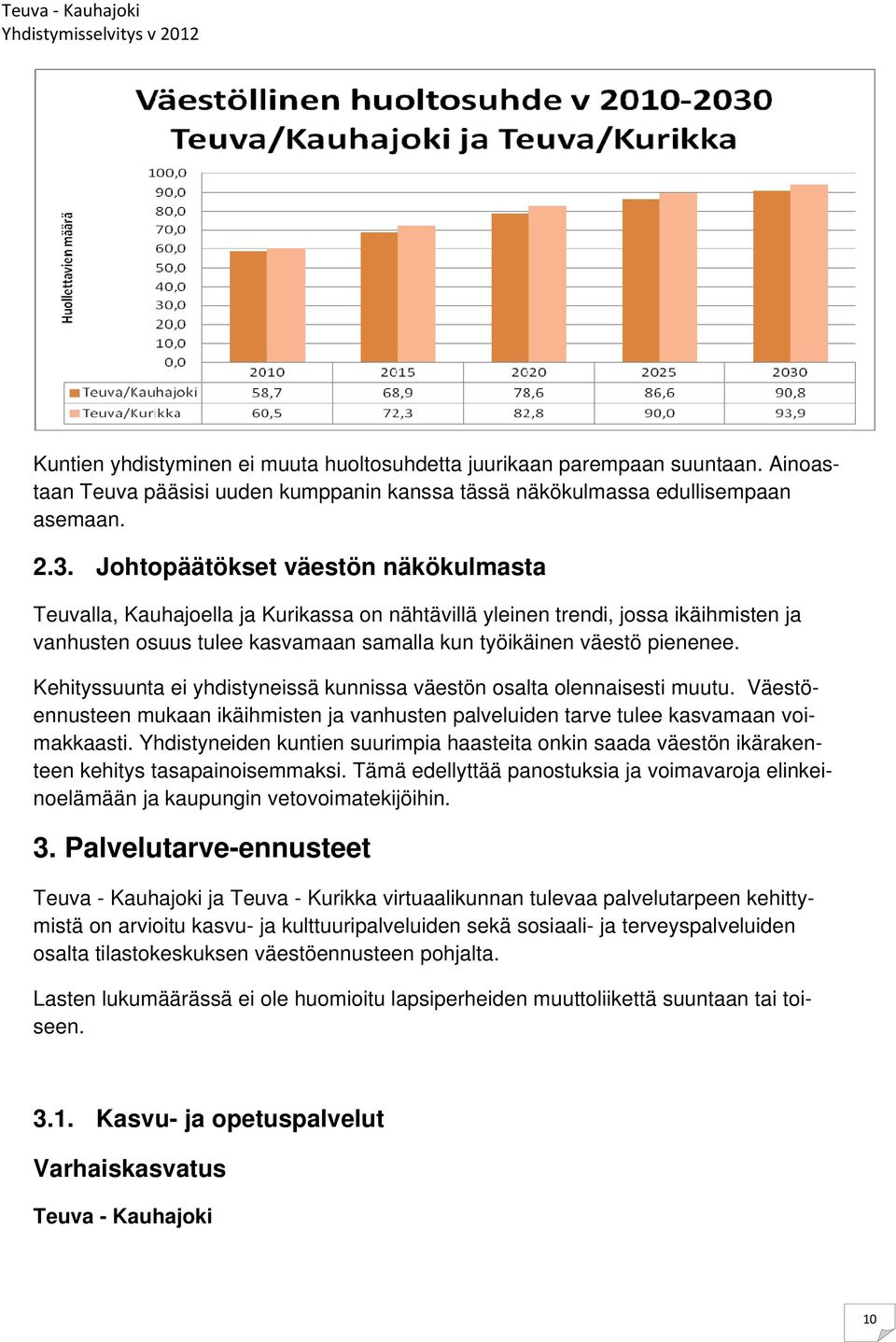 Kehityssuunta ei yhdistyneissä kunnissa väestön osalta olennaisesti muutu. Väestöennusteen mukaan ikäihmisten ja vanhusten palveluiden tarve tulee kasvamaan voimakkaasti.