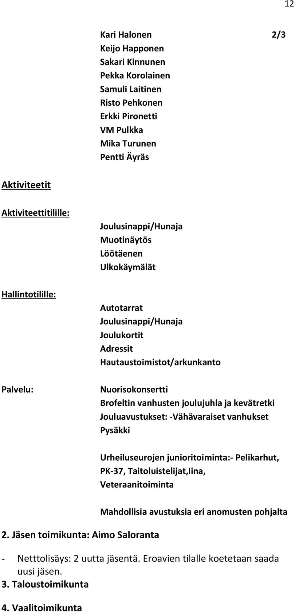 Brofeltin vanhusten joulujuhla ja kevätretki Jouluavustukset: Vähävaraiset vanhukset Pysäkki Urheiluseurojen junioritoiminta: Pelikarhut, PK 37, Taitoluistelijat,Iina, Veteraanitoiminta