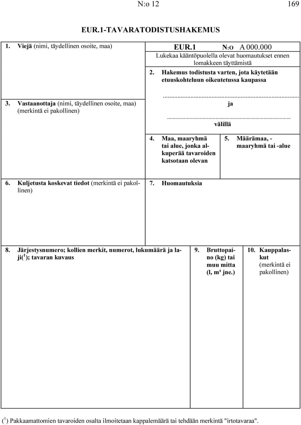 Maa, maaryhmä tai alue, jonka alkuperää tavaroiden katsotaan olevan 5. Määrämaa, - maaryhmä tai -alue 6. Kuljetusta koskevat tiedot (merkintä ei pakollinen) 7. Huomautuksia 8.